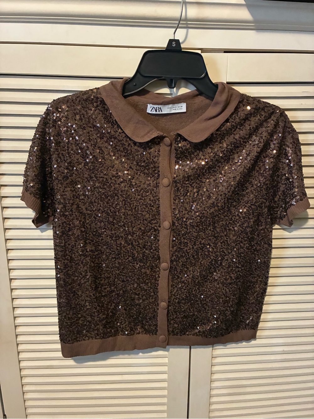 Zara Brown Sequin Short Sleeve Cardigan